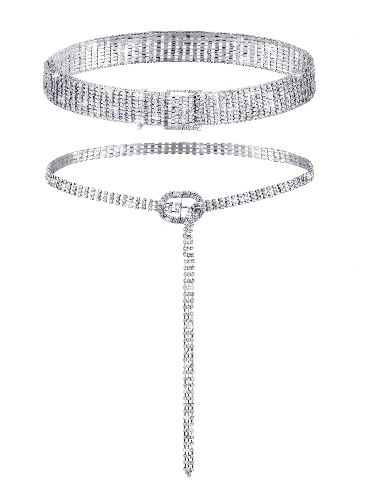 Geyoga 2 Pieces Women Rhinestone Belt for Dress Crystal Diamond Shiny Wide Waist Ladies Belt(Medium, Fit Waist Size 27-34 Inch,Silver)