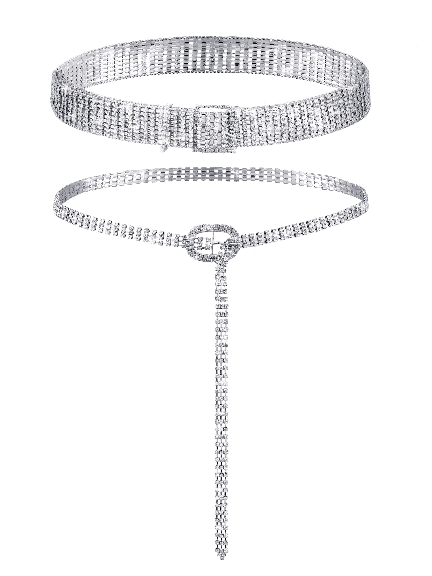 Geyoga 2 Pieces Women Rhinestone Belt for Dress Crystal Diamond Shiny Wide Waist Ladies Belt(Medium, Fit Waist Size 27-34 Inch,Silver)