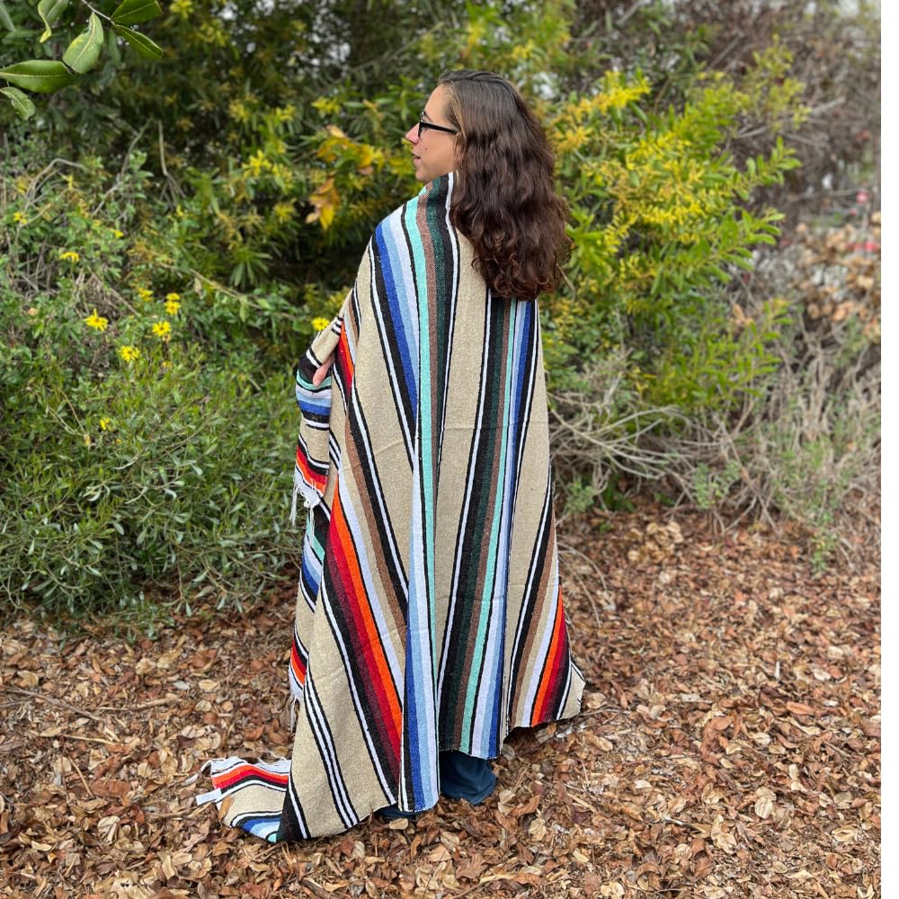 Open Road Goods Authentic Mexican Serape Blanket – 100% Cotton Falsa Blanket - Multi-Color Handmade Mexican Beach Throw (Tan/Beige)