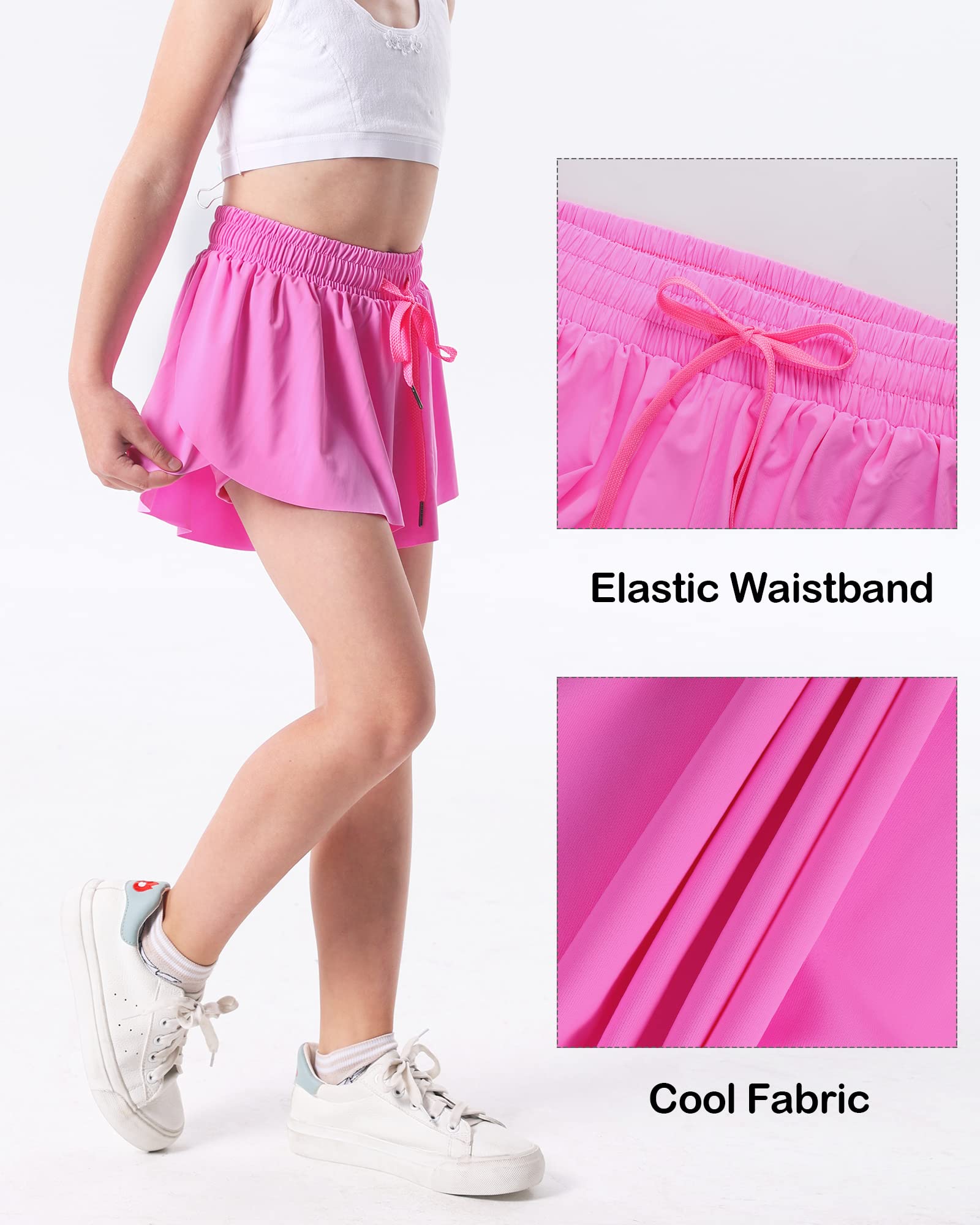 KEREDA Pige Flydende Shorts, Sommerfugl Shorts til Teen Piger med Spandex Foring 2-i-1 til Løb, Fitness, Atletik, Træning 1 Pakke 7-8 År (Hot Pink)