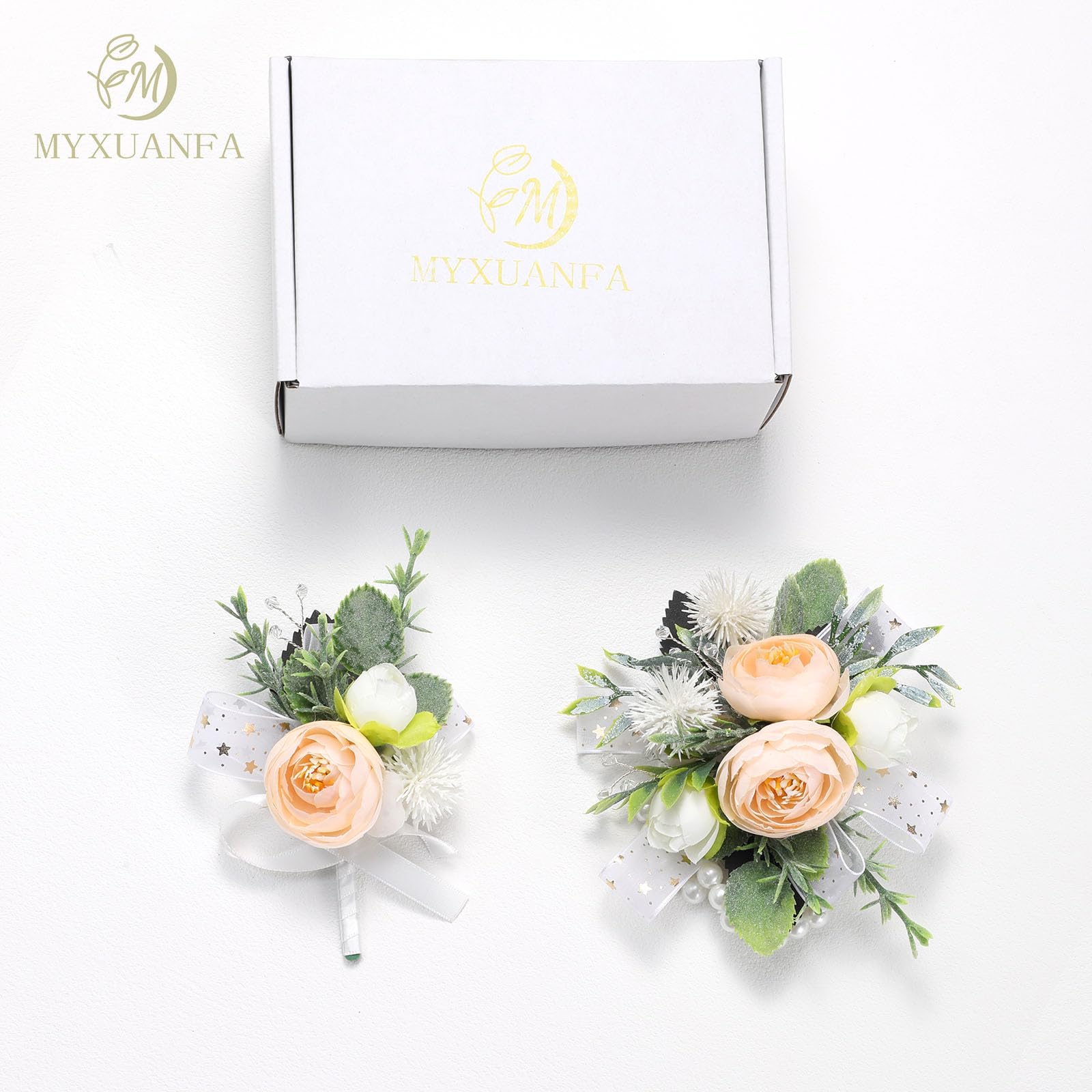 MYXUANFA 2PCS Wrist Corsage and Boutonniere Set, Corsage Wristlet for Prom Decor Champagne Corsages Artificial Flowers Boutonniere for Men Wedding Flowers Bride Bridesmaid Party Suit Decoration