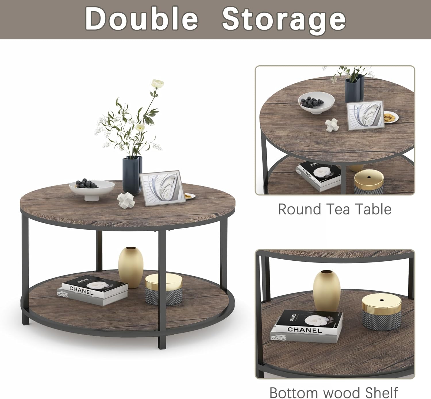 NSdirect Round Coffee Table, 27.5" Small Coffee Table for Living Room,2-Tier Rustic Wood Desktop with Storage Shelf Modern Design Home Furniture(Light Walnut)