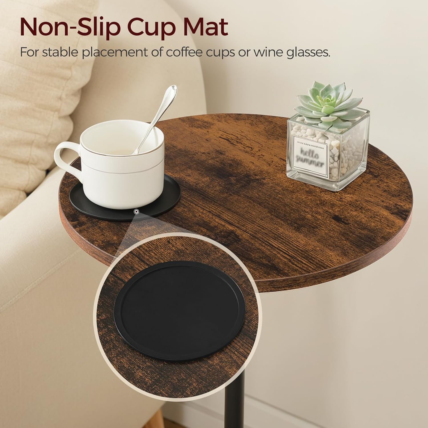 Set of 2 Small Round Side Table, Adjustable Height Drink Table, Pedestal Side Table with LED Light and Cup Mat, Coffee Martini Table, for Small Spaces, Rustic Brown and Black ETHR32E01S2