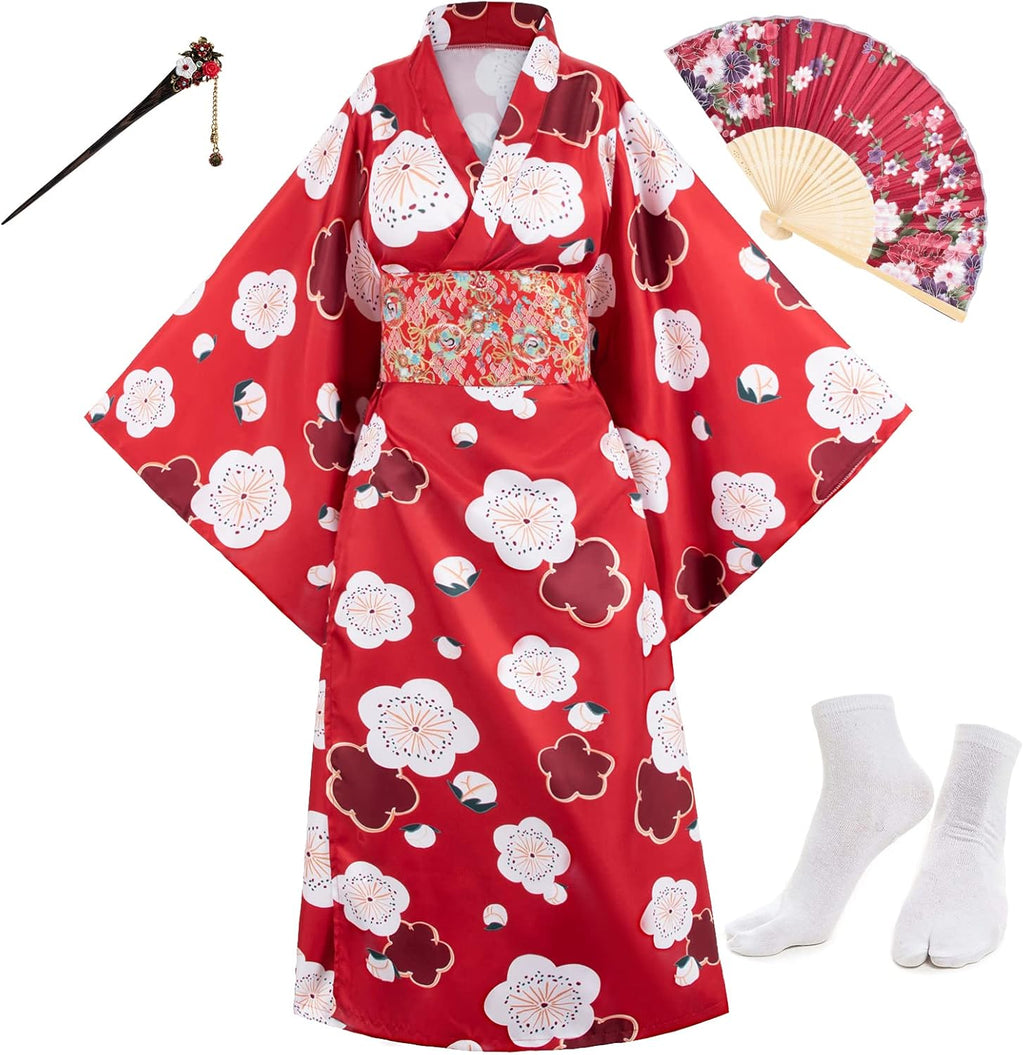 Japanese Anime Women's Long Kimono Robe Fancy Dress Hand Held Silk Folding Fans Tabi Socks Hairstick Set Sakura Red