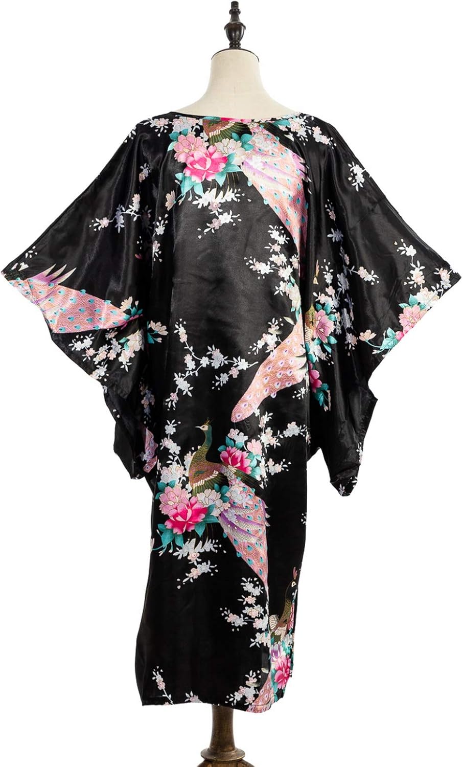 Flower Peacock Satin Silk Kimono Dress, Nightgown, Housedress One Size Fits Most Dressing Gown Robe