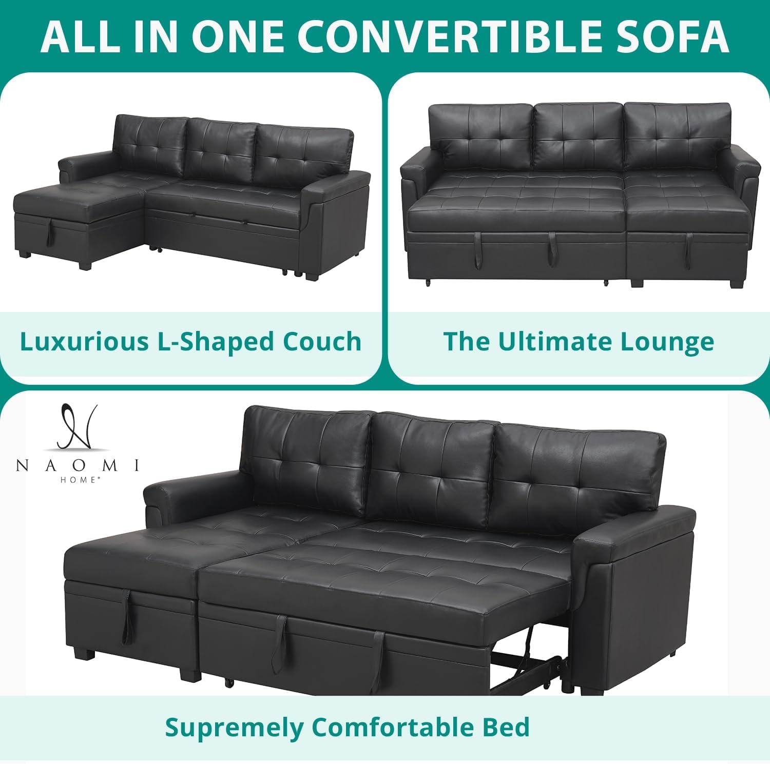 Naomi Home Transform Any Space: Sleeper Sectional Sofa with Convertible Sofa Bed & Inviting Chaise. Find Tranquil Comfort with Stress-Relieving Design & Durable Cushions - Black/Air Leather