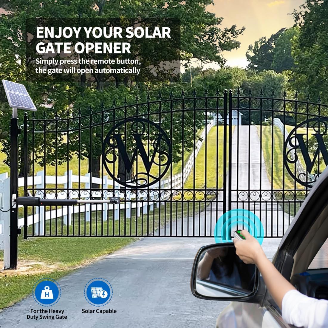 TOPENS AD8S Automatic Solar Gate Opener for Heavy Duty Dual Swing Gates Up to 18ft per Arm, Dual Swing Gate Operator Battery Powered with Remote Control Kit Gate Motor Solar Panel Included