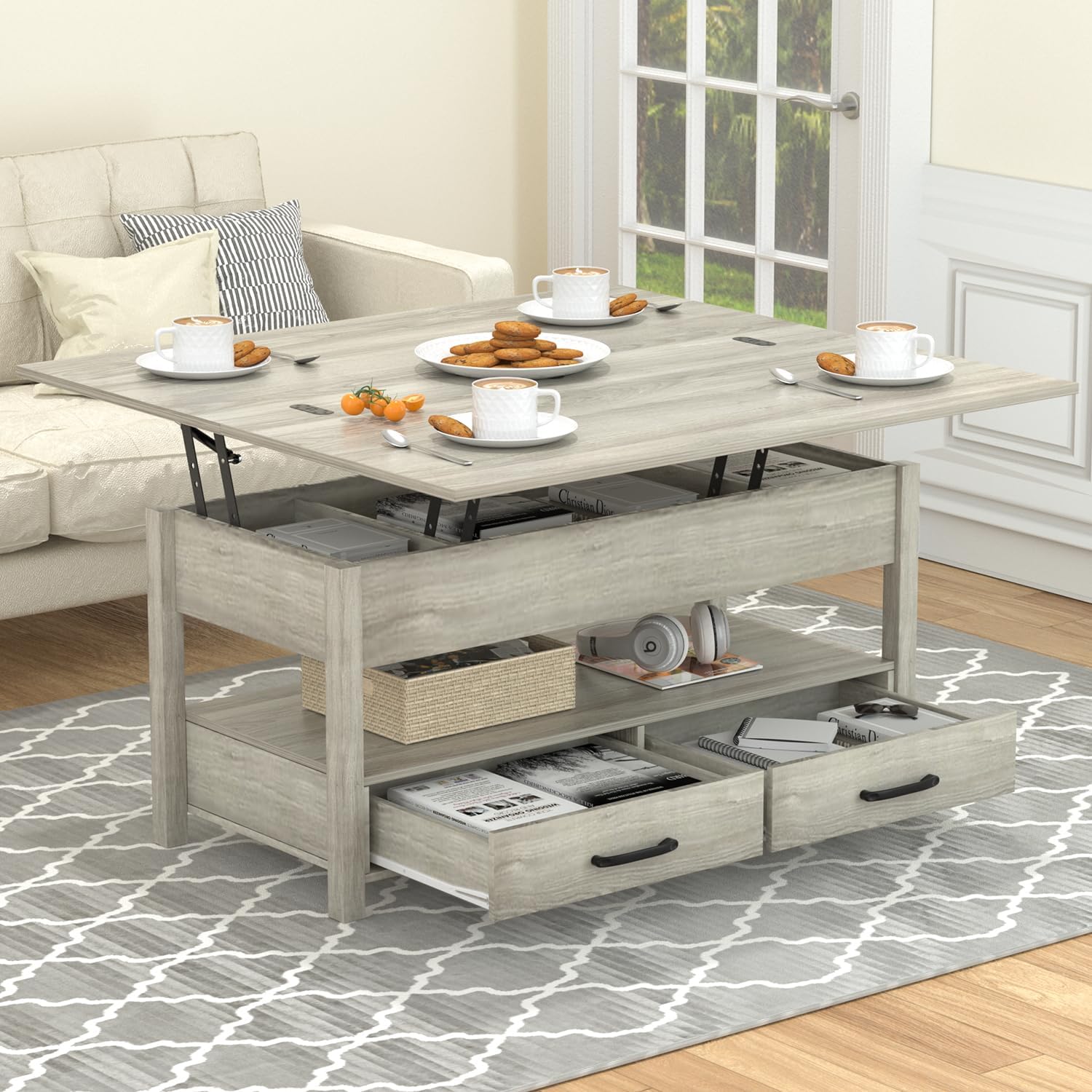 42'' Lift Top Coffee Table with LED, 4-in-1 Multifunctional Coffee Table with Drawers and Hidden Compartments, Converts to Dining Table for Living Room, Reception Room, Grey