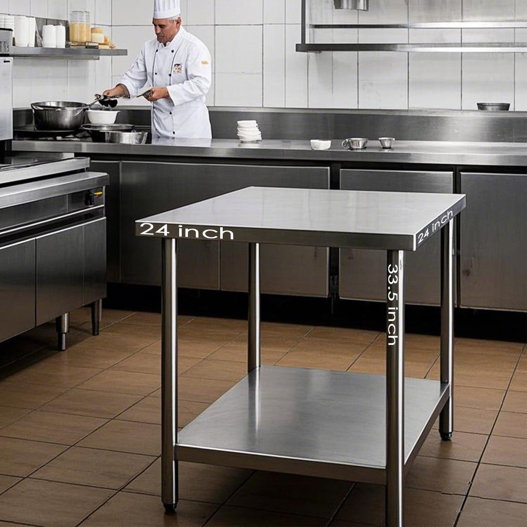 NSF 24x24 Inches Stainless Steel Table for Prep & Work with Caster, Metal Commercial Kitchen Table with Under Shelf and AdjustableTable Foot for Restaurant, Hotel, Home Kitchen, Coffee Station