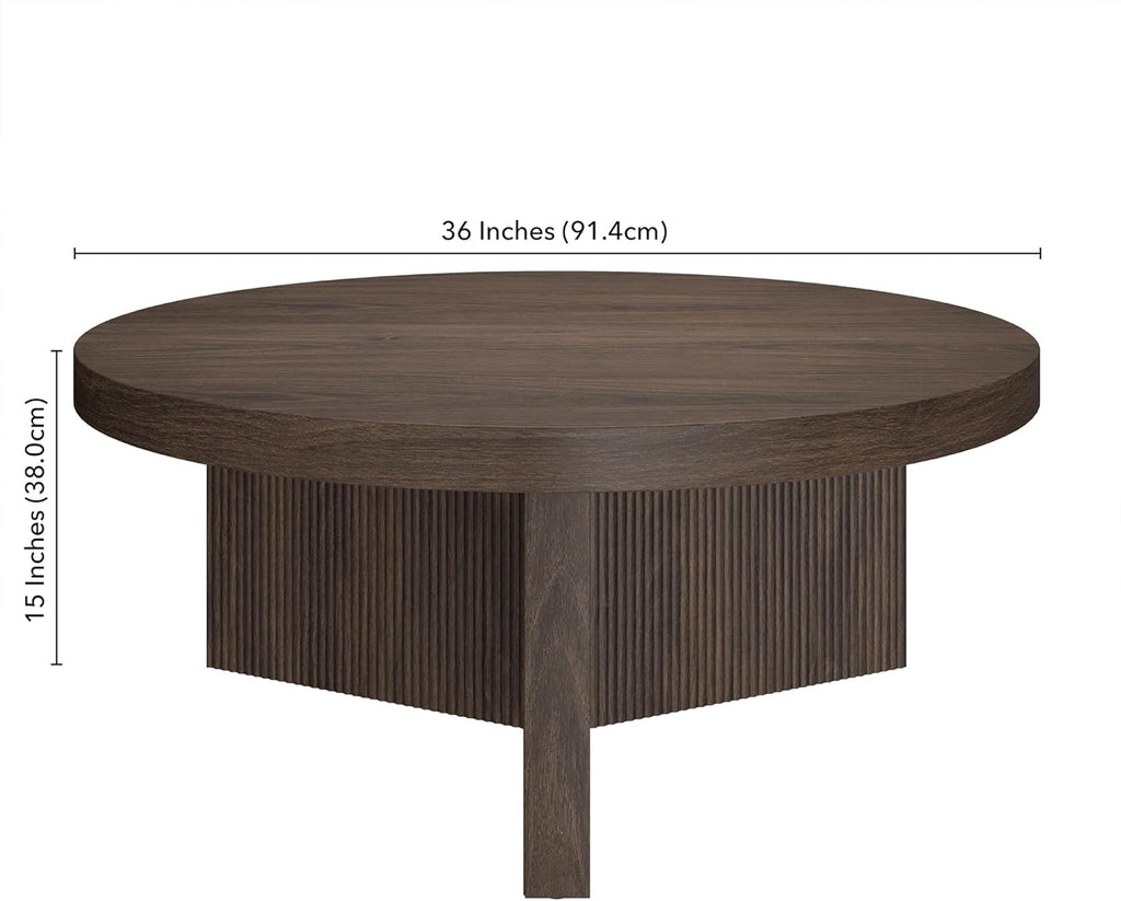 Henn&Hart 36" Fluted Round Wood Pedestal Low-Profile Coffee Table for Living Room, Family Room, or Office, Alder Brown