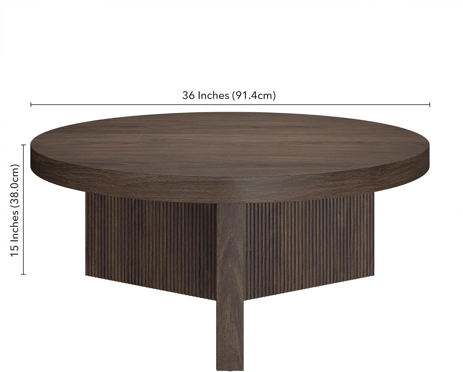 Henn&Hart 36" Fluted Round Wood Pedestal Low-Profile Coffee Table for Living Room, Family Room, or Office, Alder Brown