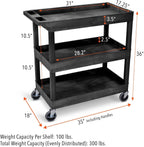 Tubstr 3-Tier Rolling Utility Cart with Wheels | Supports 300 lbs. Total | Heavy-Duty Capacity for Garage Storage, Office Spaces, & Kitchen Use | Durable Tool Cart with Locking Wheels (Black, 32 x 18)