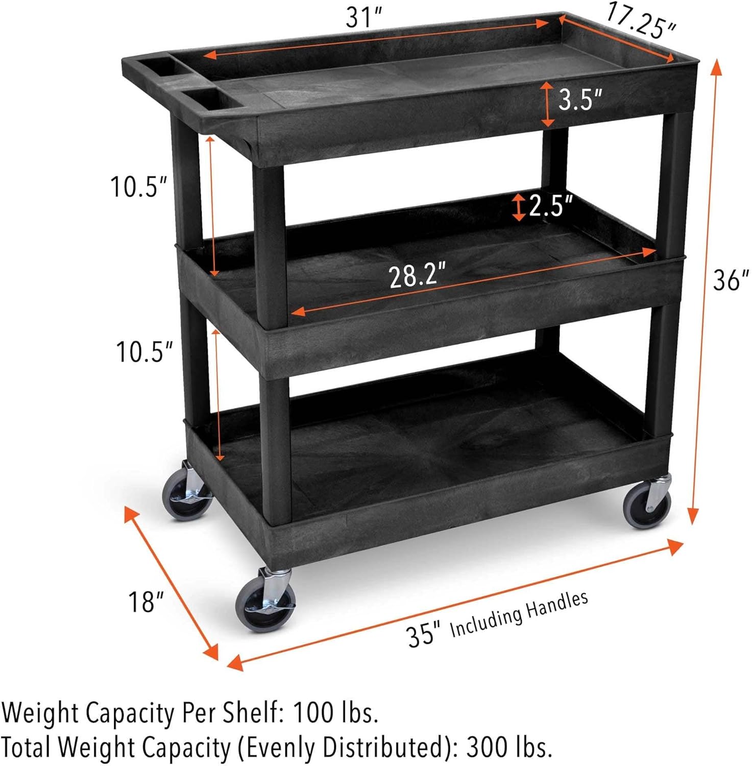 Tubstr 3-Tier Rolling Utility Cart with Wheels | Supports 300 lbs. Total | Heavy-Duty Capacity for Garage Storage, Office Spaces, & Kitchen Use | Durable Tool Cart with Locking Wheels (Black, 32 x 18)