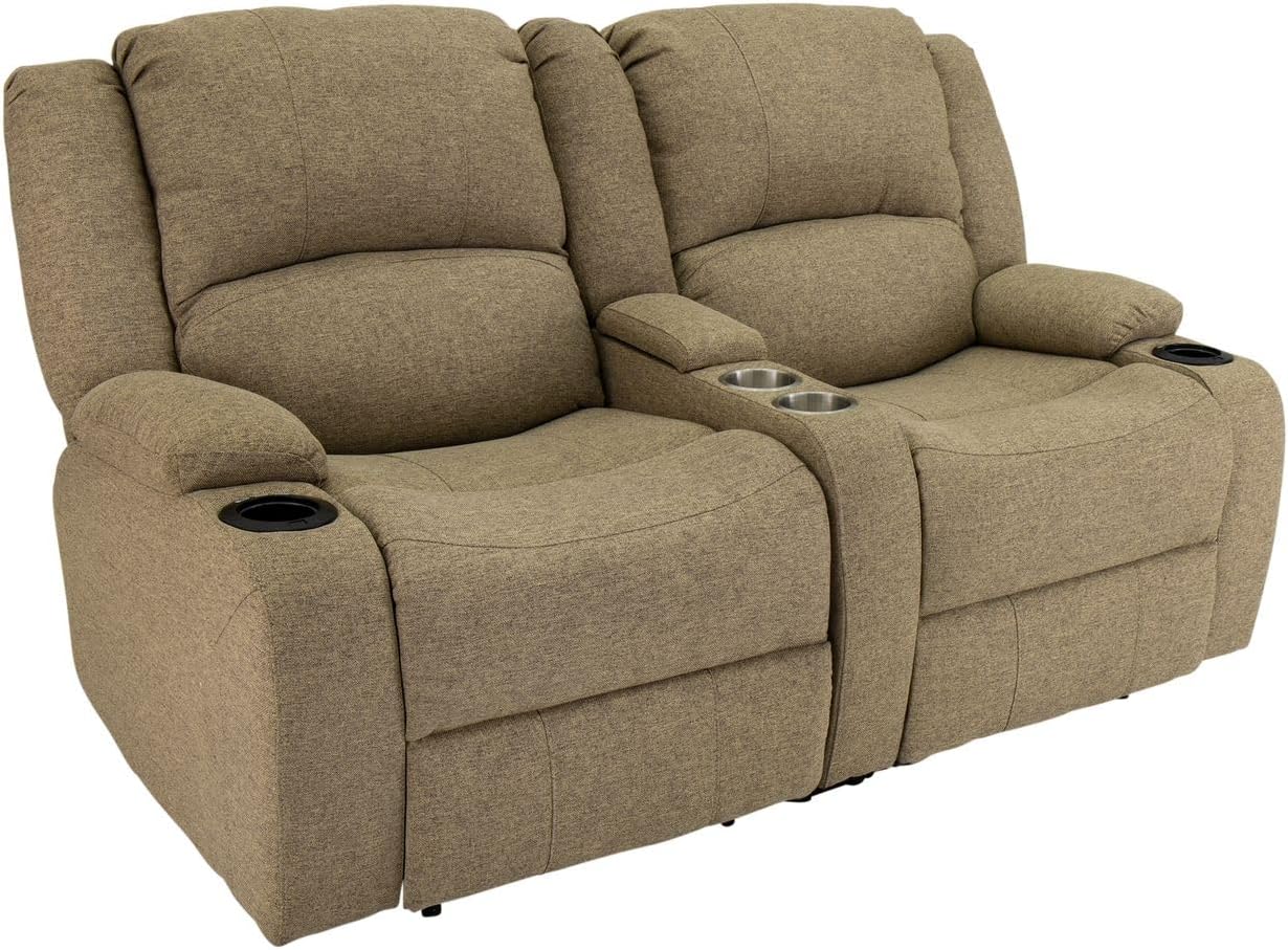 RecPro Charles 67" Double Recliner RV Sofa with Console and Cupholders | Zero Wall Loveseat for Camper | Wall Hugger Couch | Fifth Wheel Theater Seating | Replacement RV Furniture | Oatmeal Cloth
