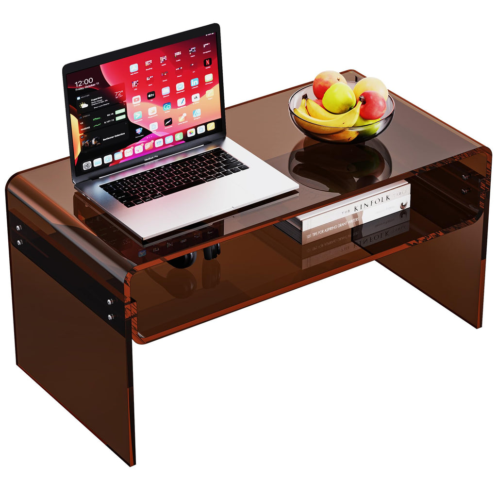 Acrylic Coffee Table for Living Room Clear Rectangle Lucite Table with Open Storage Shelf, Orange