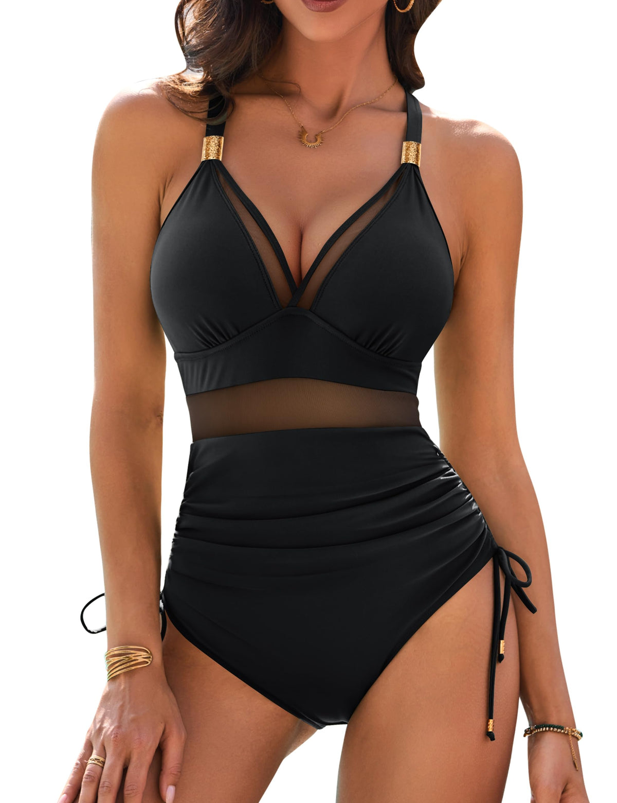 BMJL Womens Mesh Tummy Control Swimsuits One Piece Slimming Modest Bathing Suit Metal Ruched Swim Suits 2025(Black, M)