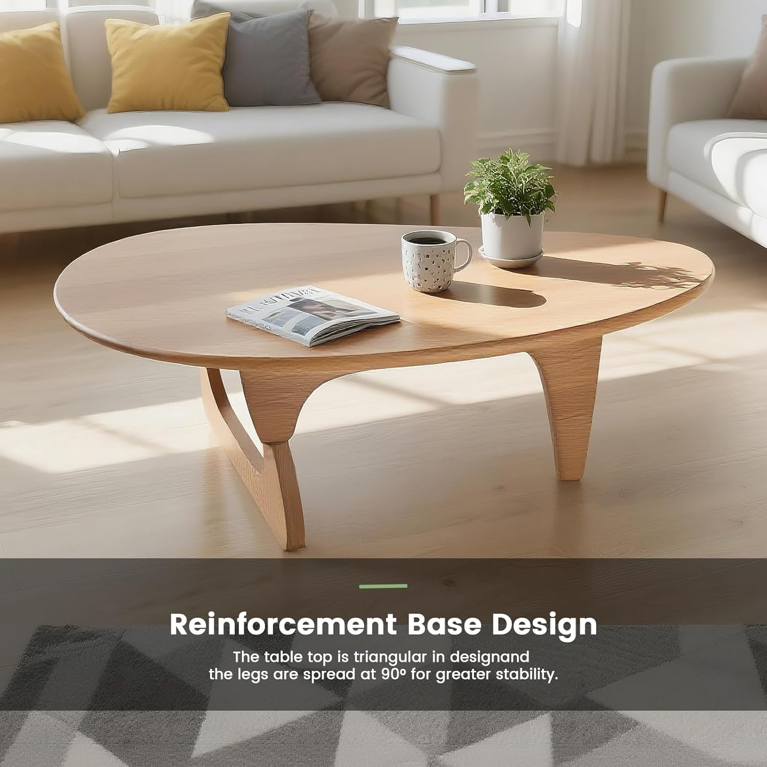 Solid Wooden Modern Triangle Coffee Table: Unique Funky Coffee Tables for Living Room, Oval Mid-Century Irregular Abstract Tea Tables for Patio Office Balcony Bedroom (Natural, 33" L x 22" W x 16" H)