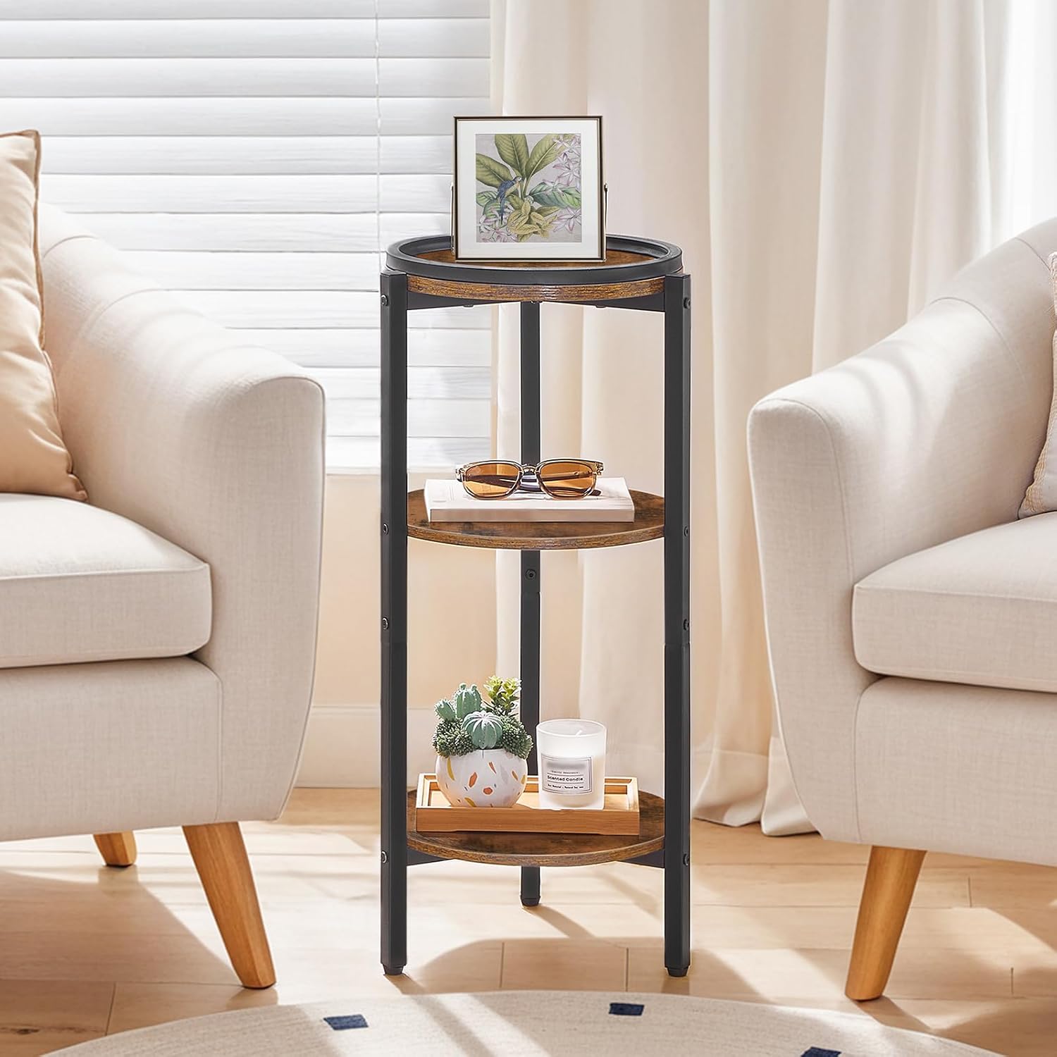 HOOBRO Small Round Side Table, 3-Tier Tall Coffee Drink Table for Sofa Couch, 28.7" H Round Nightstand, Circle Wooden Accent Pedestal Table for Living Room, Bedroom, Rustic Brown and Black BF182BZ01