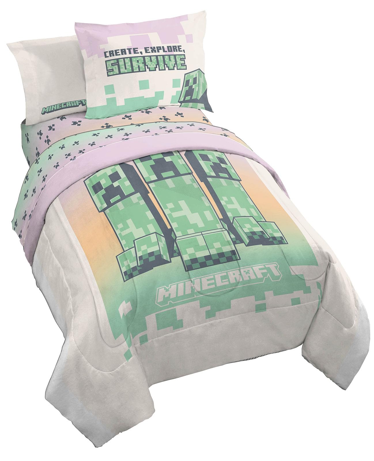 Jay Franco Minecraft Creeper Queen Comforter Set - 7 Piece Gamer Bedding Includes Sheet Set & Pillow Covers - Super Soft Checkered Bedding