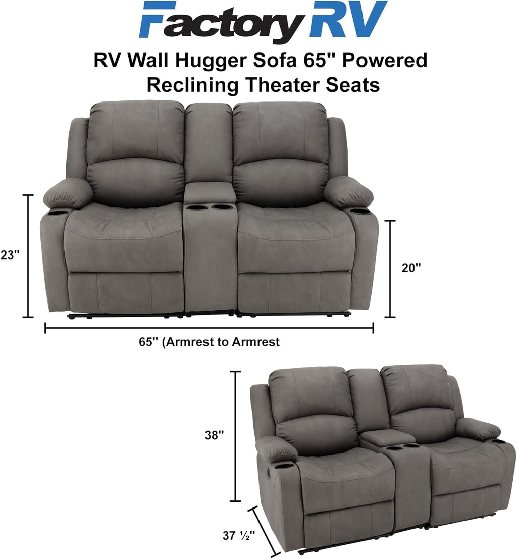 65"" Powered Wall Hugger Reclining RV Theater Seats | Double Recliner RV Sofa & Console | RV Couch | Wall Hugger Recliner | RV Theater Seating | RV Furniture (Slate), CC-PMOD65