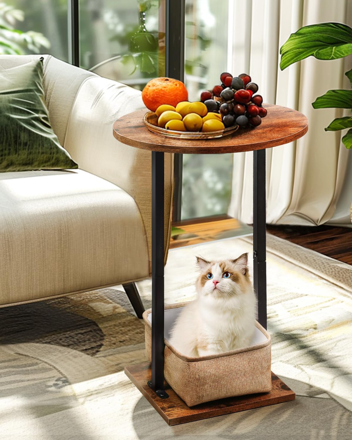 Eufrozy Small Side Table for Small Spaces, 24 inch Wooden Round End Table with Fabric Basket, Wood Accent Table for Couch Sofa Drink Sidetable Living Room Bedroom Rustic