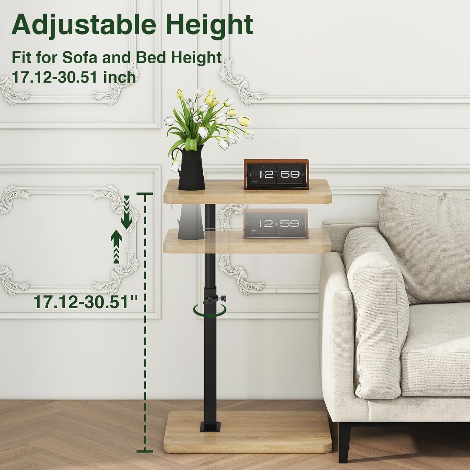 IBUYKE Tray Table for Couch, 360° Swivel Height Adjustable End Table for Small Spaces, with Phone & Tablet Slot, Modern Small Coffee Snack Table for Sofa/Bed, Natural UTVT003R