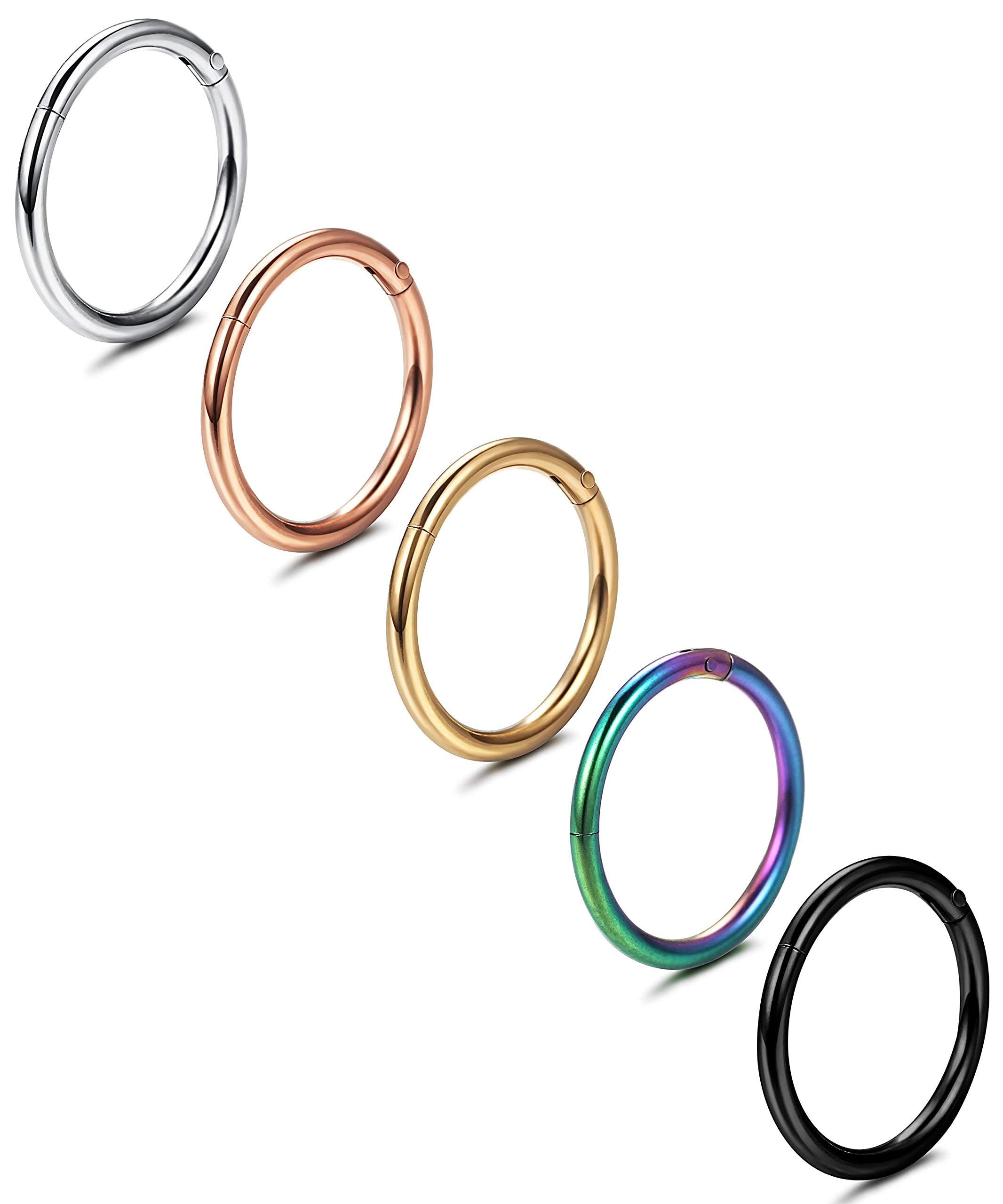 Jstyle 5Pcs 316L Surgical Steel Septum Rings Nose Rings Hoop 16G 18G 20G Hinged Clicker Hoop Nose Rings for Women Men Cartilage Hoop Earring Lip Helix Rook Tragus Conch Septum Nose Piercing Jewelry