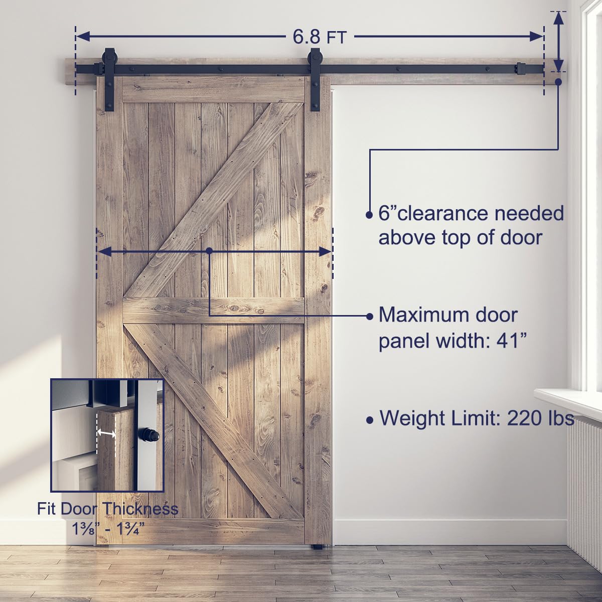 SMARTSTANDARD 6.8FT Sliding Barn Door Hardware Kit (Include 6.8ft Track Kit & Pull Handle Set & Floor Guide), Smoothly and Quietly, Easy to Install, Fit 36"-40" Wide Door Panel (J Shape) - Grand Goldman