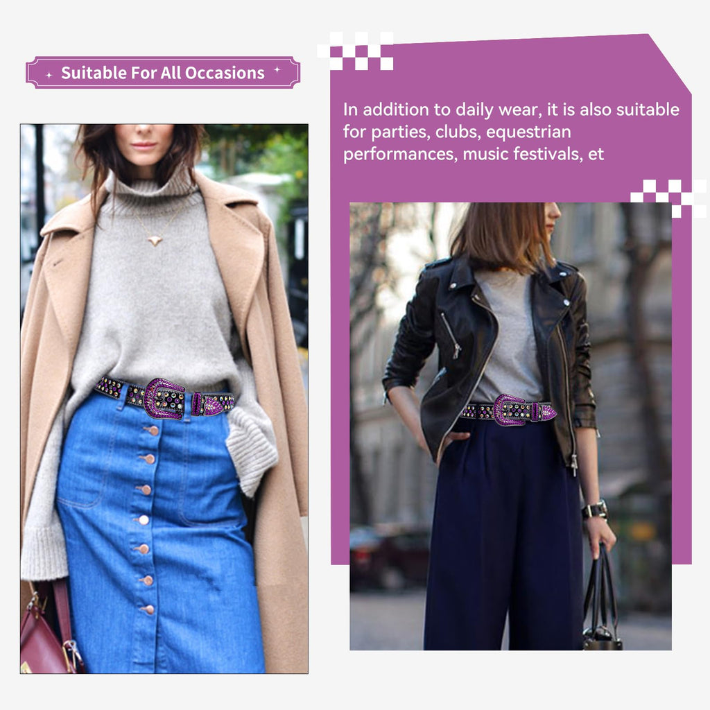 TINIDI Luxury Strap Men Women Rhinestones Belt Western Bling Bling Crystal Diamond Studded Belts(Black Purple, Fit Waist 30-32 inches)