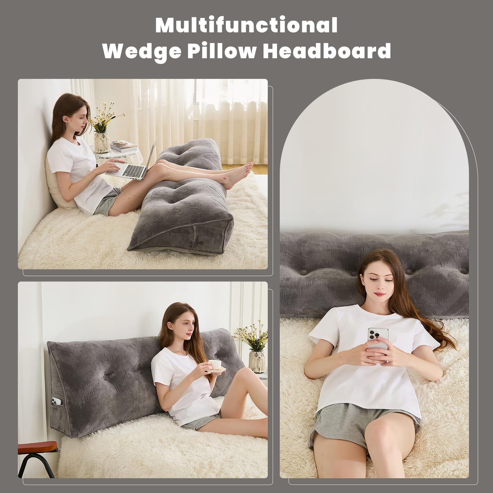 Zelladorra Headboard Pillow for Bed,Triangular Wedge Pillow Headboard Soft Support While Reading and Resting,Bed Bolster Cushion Headboard with Removable Cover,Dark Grey, Queen (59"x8"x20")