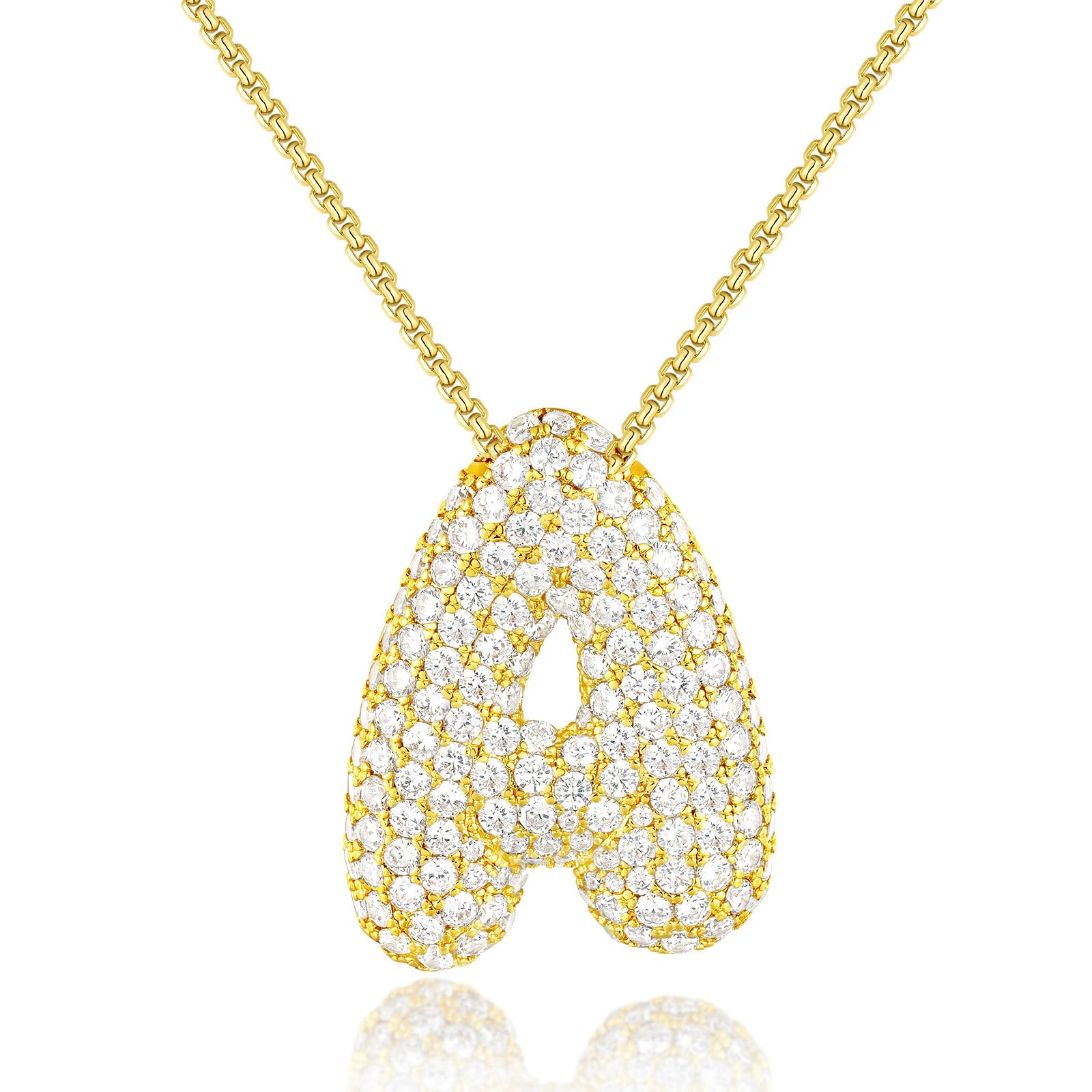 KissYan Bubble Letter Necklace, 14K Gold Plated Balloon Initial Pendant Box Chain Necklace Dainty Pave CZ Jewelry Gift for Women(Gold A)