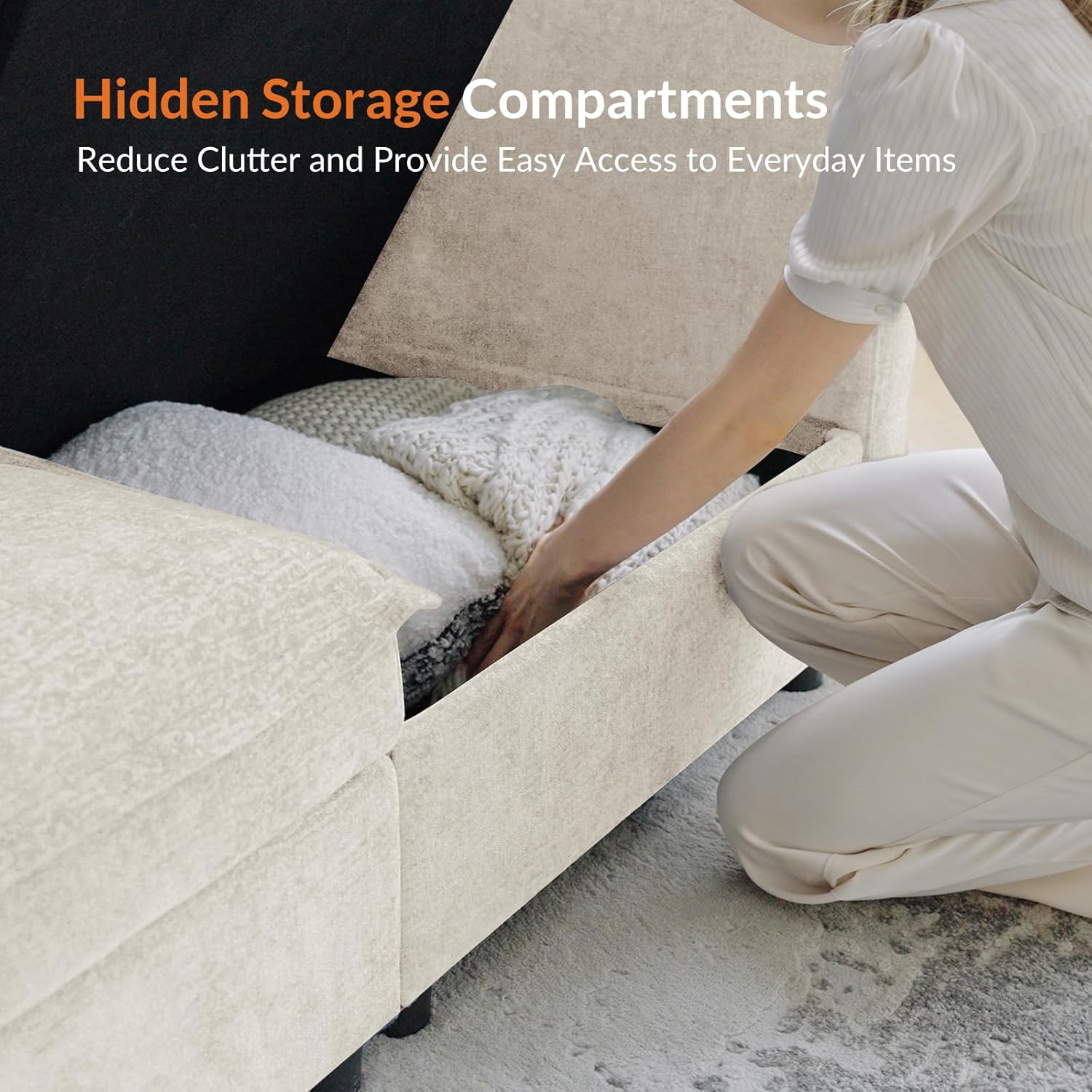 HULALA HOME 127'' Modular Sectional Sofa, Oversized U Shaped Couch with Storage Ottoman, Extra Deep Seat, Modern Comfy Chenille Sofa with Chaise, 6 Seat Convertible Couches for Living Room, Beige