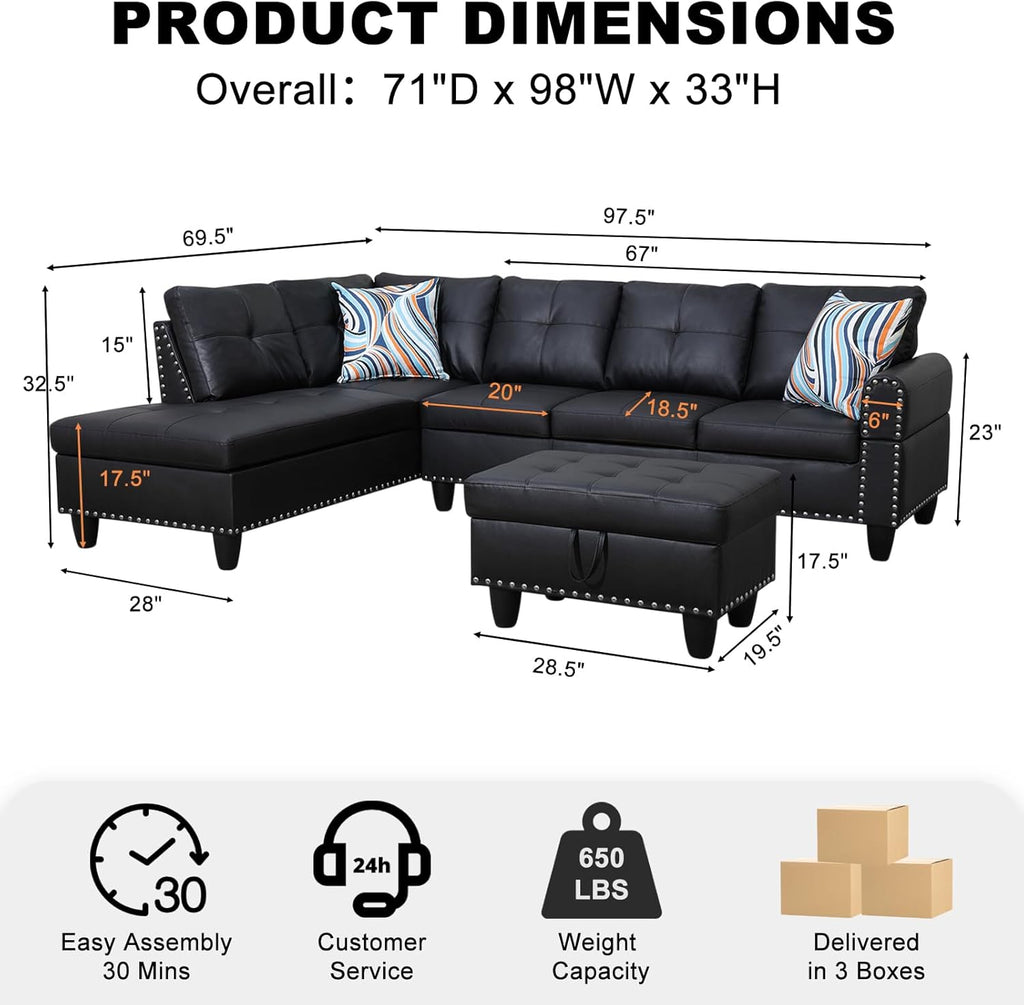 Sectional Sofa Couch, Modern 4-Seaters Living Room Furniture Sets with Chaise Lounge, Ottoman & 2 Pillows | L Shape Couch | Cup Holder | Faux PU Leather, Black
