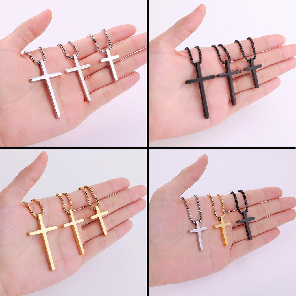 Fiusem Cross Necklace for Men, Silver/Gold/Black Mens Cross Necklaces with 2.5mm Cross Chain and Stainless Steel Cross Pendant, Box Chain 16-24 Inch
