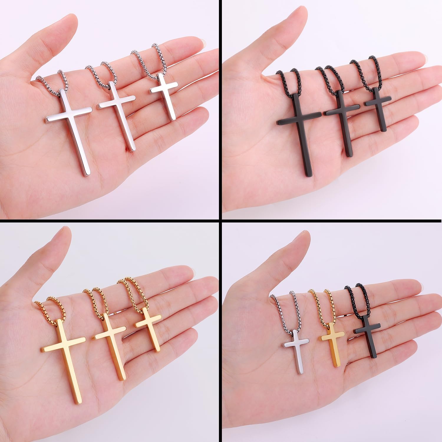 Fiusem Cross Necklace for Men, Silver/Gold/Black Mens Cross Necklaces with 2.5mm Cross Chain and Stainless Steel Cross Pendant, Box Chain 16-24 Inch