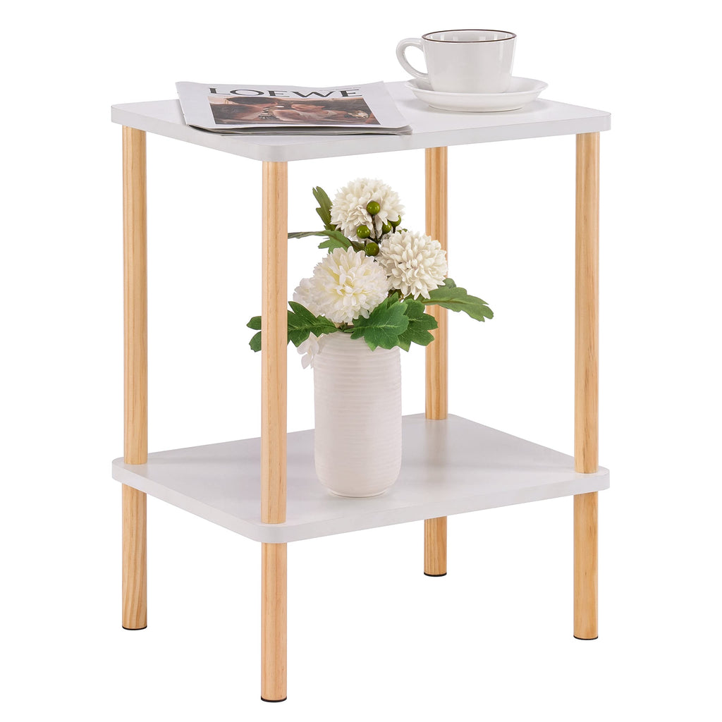 Apicizon 2 Tier End Table, Small Side Table with Solid Wood Legs, Boho Bedside Table with Storage Shelf, Nightstand for Small Spaces, Bedroom, Living Room, Entryway, Farmhouse, Easy Assembly, Natural