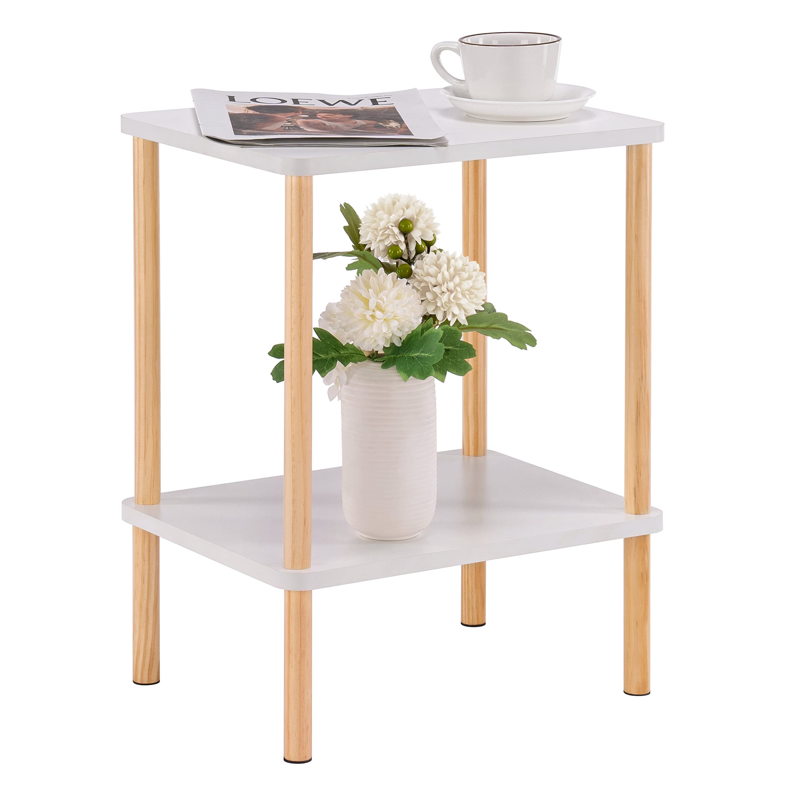Apicizon 2 Tier End Table, Small Side Table with Solid Wood Legs, Boho Bedside Table with Storage Shelf, Nightstand for Small Spaces, Bedroom, Living Room, Entryway, Farmhouse, Easy Assembly, Natural