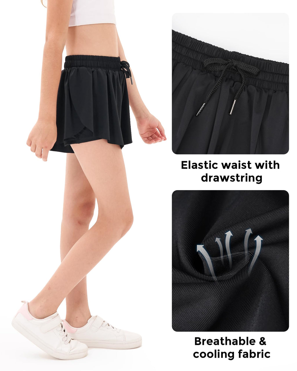 Stelle Pige Flydende Shorts med Lommet Atletisk Løbeskørt Høj Talje Sommerfugl 2 i 1 Sports Shorts 5-16 År (Sort, L)