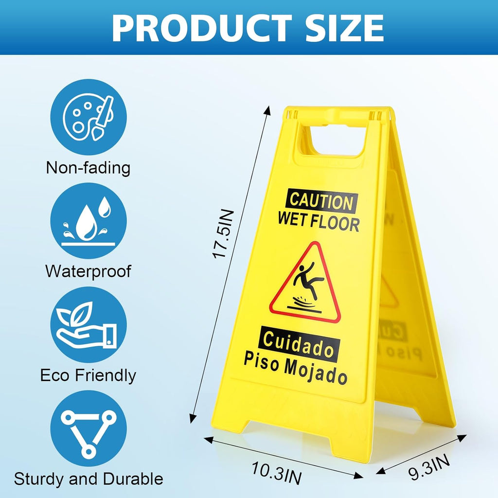 2-Pack Caution Wet Floor Sign,17.5" Height,Bright Yellow Double-Sided Folding A-Shaped Frame Design, Bilingual Caution Message