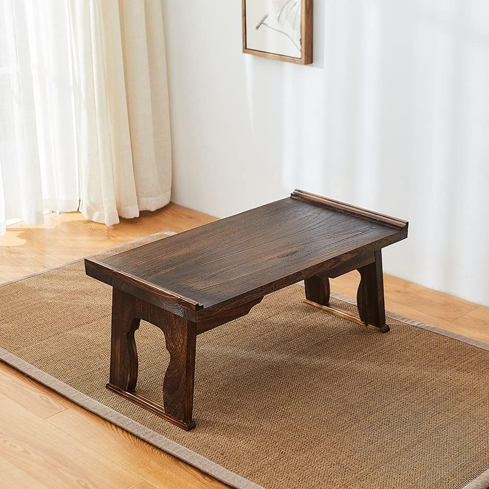 Foldable Wooden Laptop Desk, Breakfast in Bed Serving Tray, Japanese Floor Table for Tea & Coffee, Portable Antique Meditation Altar (23.6”x13.4”x10.6”)