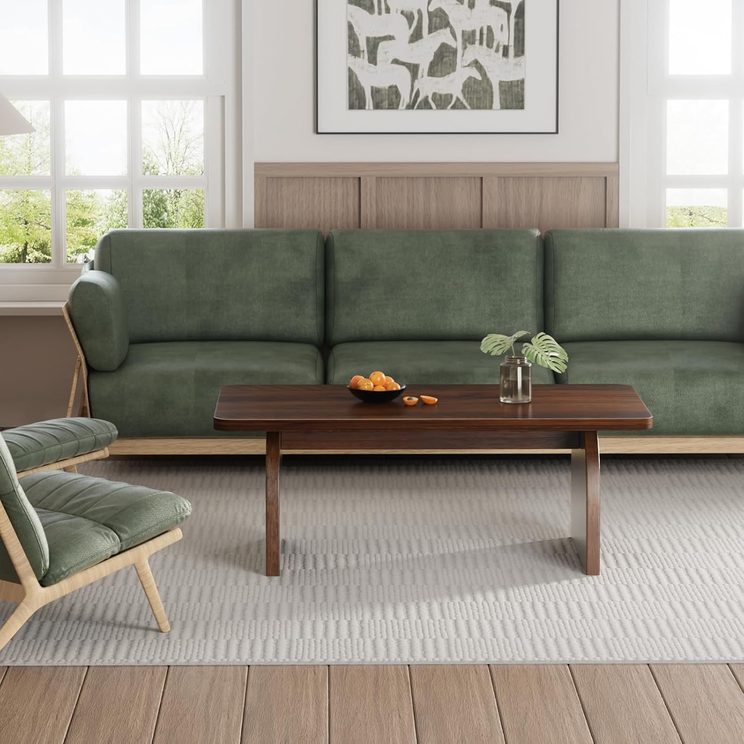 Farmhouse Coffee Table for Living Room - Dark Wood Rustic Rectangle Coffee Table Walnut, Solid Wooden Brown Center Table