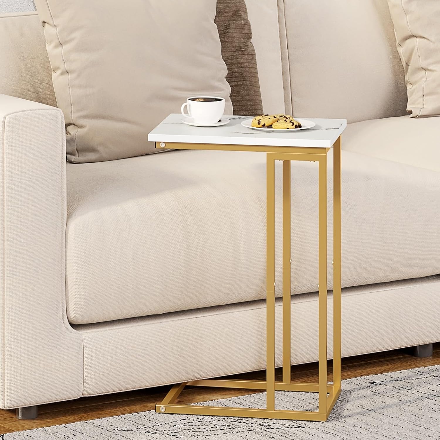 Function Home C Shaped End Table, Small Side Tables for Sofa Bed, Couch Tables That Slide Under, Drink Snack Table for Living Room Bedroom Small Space, White Wood Top and Gold Metal Frame