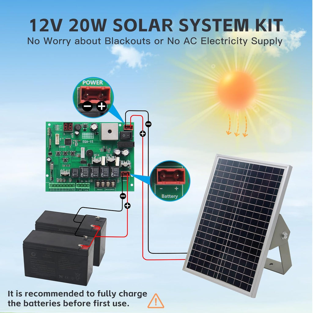 X X-HOUSE C01-L Automatic Gate Opener with Solar Panel & Batteries for Light Duty Dual Swing Gates Up to 330lb 8ft per Arm 12V 40W Electric Gate Opener with 2 Remotes Complete Kit Solar Powered