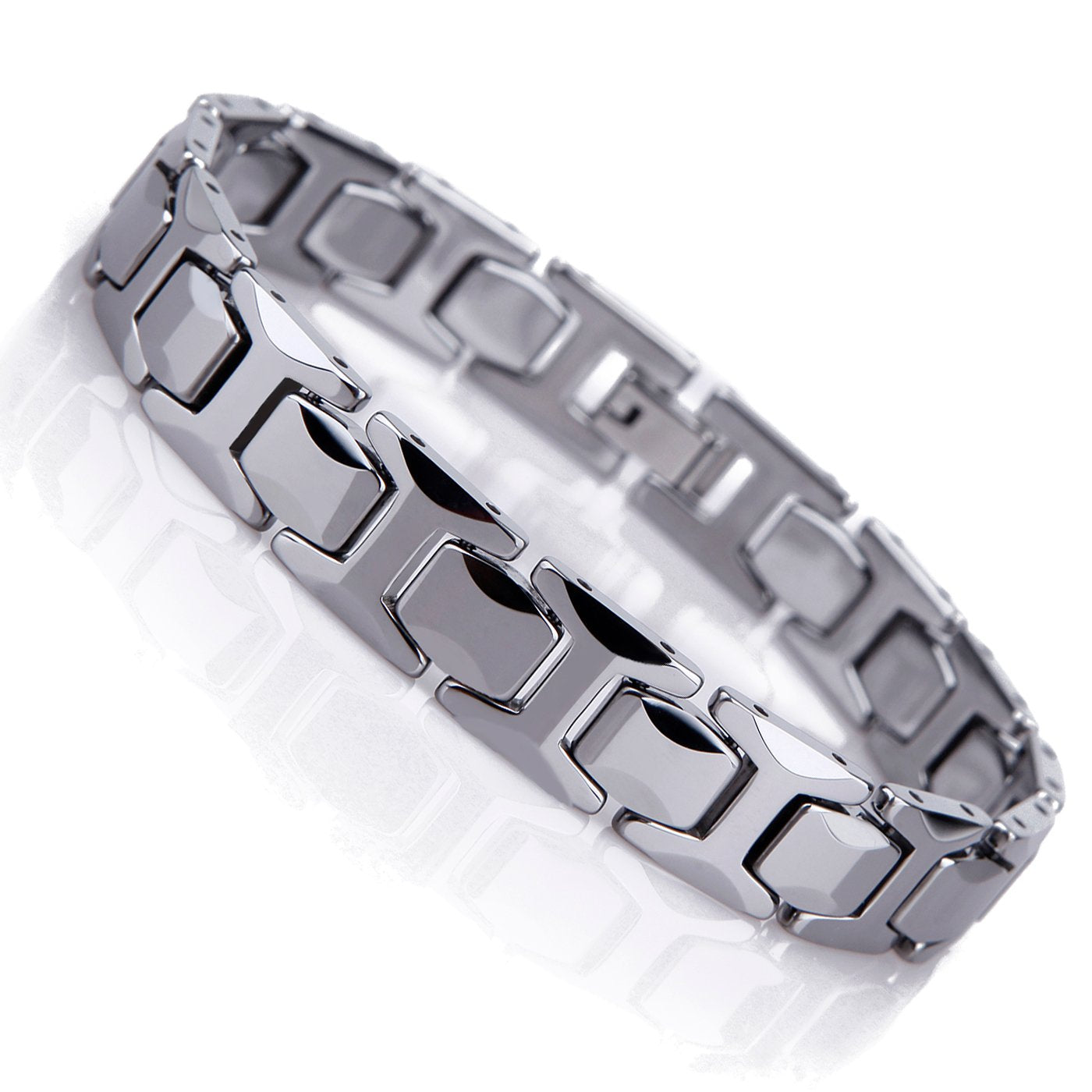 Urban Jewelry Stunning Solid Tungsten Link Bracelet for Men Polished Link, Puzzle, Ceramic Style (Silver, Black, 18K Gold Plated Option)