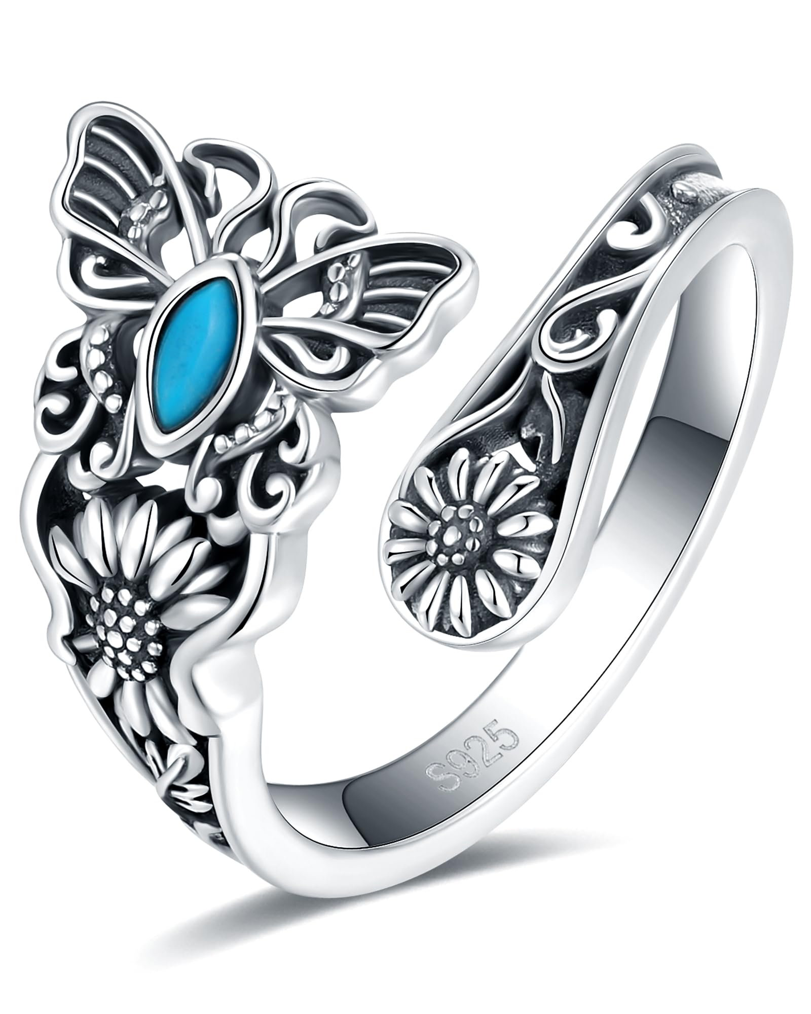 S925-Sterling-Silver Turquoise Dragonfly/Butterfly Spoon Ring - Vintage Boho Sunflower Thumb Rings Oxidized Wrap Ring Victorian Style Antique Floral Jewelry Gifts for Women