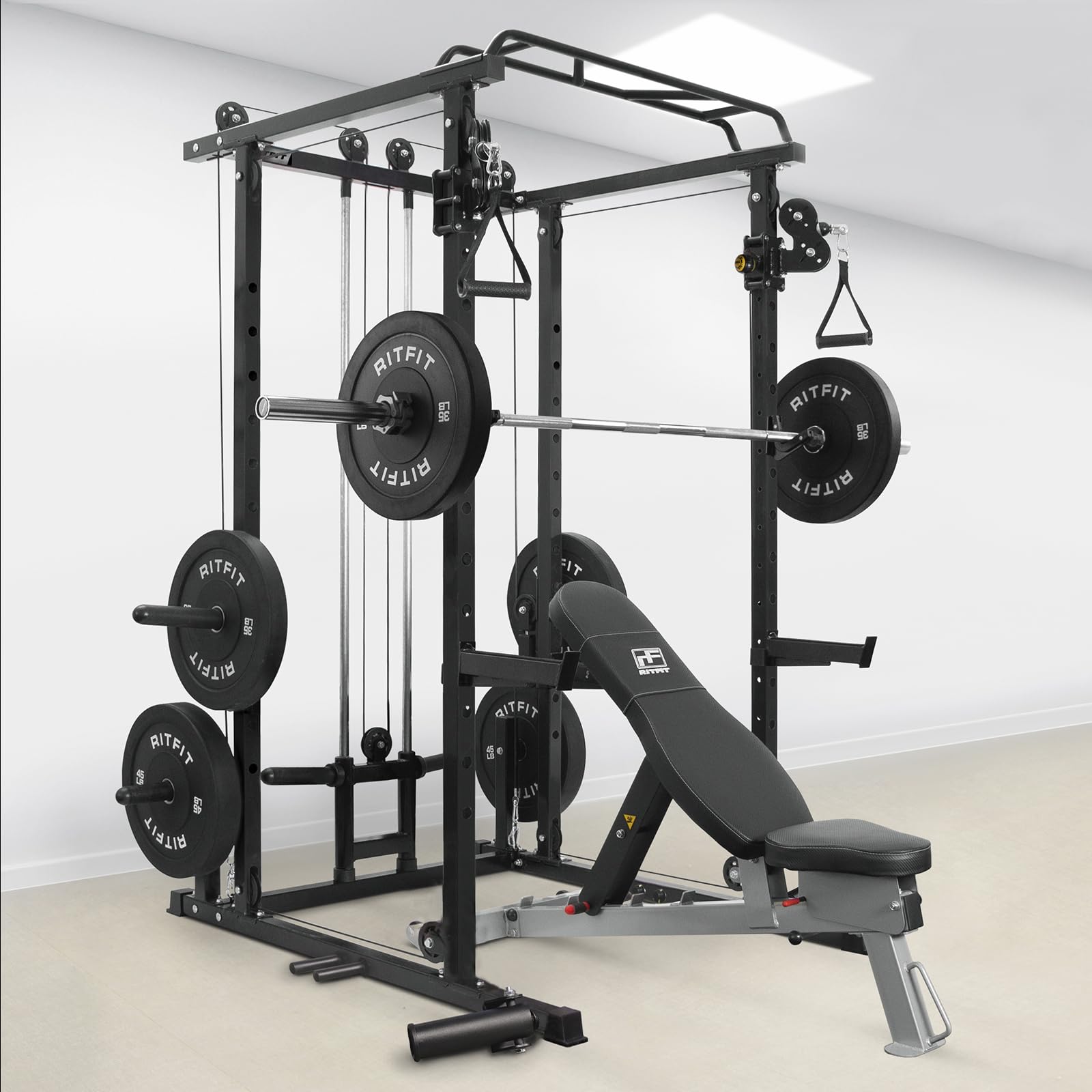 RitFit Multi-Function Power Rack Cage PPC03 with Adjustable Cable Crossover System,1000LBS Capacity, Full Home Gym Workout with J-Hook, Landmine and Other Attachments-Black
