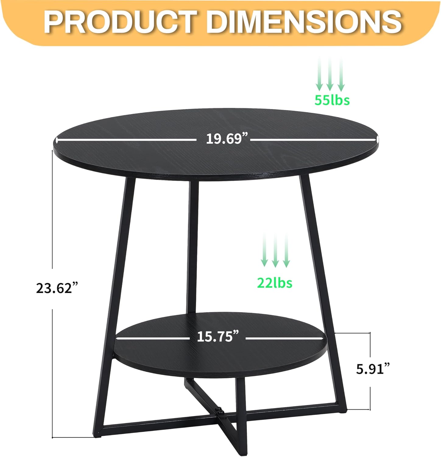 D&H FURNIMMT 20" Living Room Side Table for Small Spaces, 2 Tier Wood Top Round End Tables with Storage Shelf, Accent Sofa Table for Bedroom, Office, Sunroom, Balcony, Black