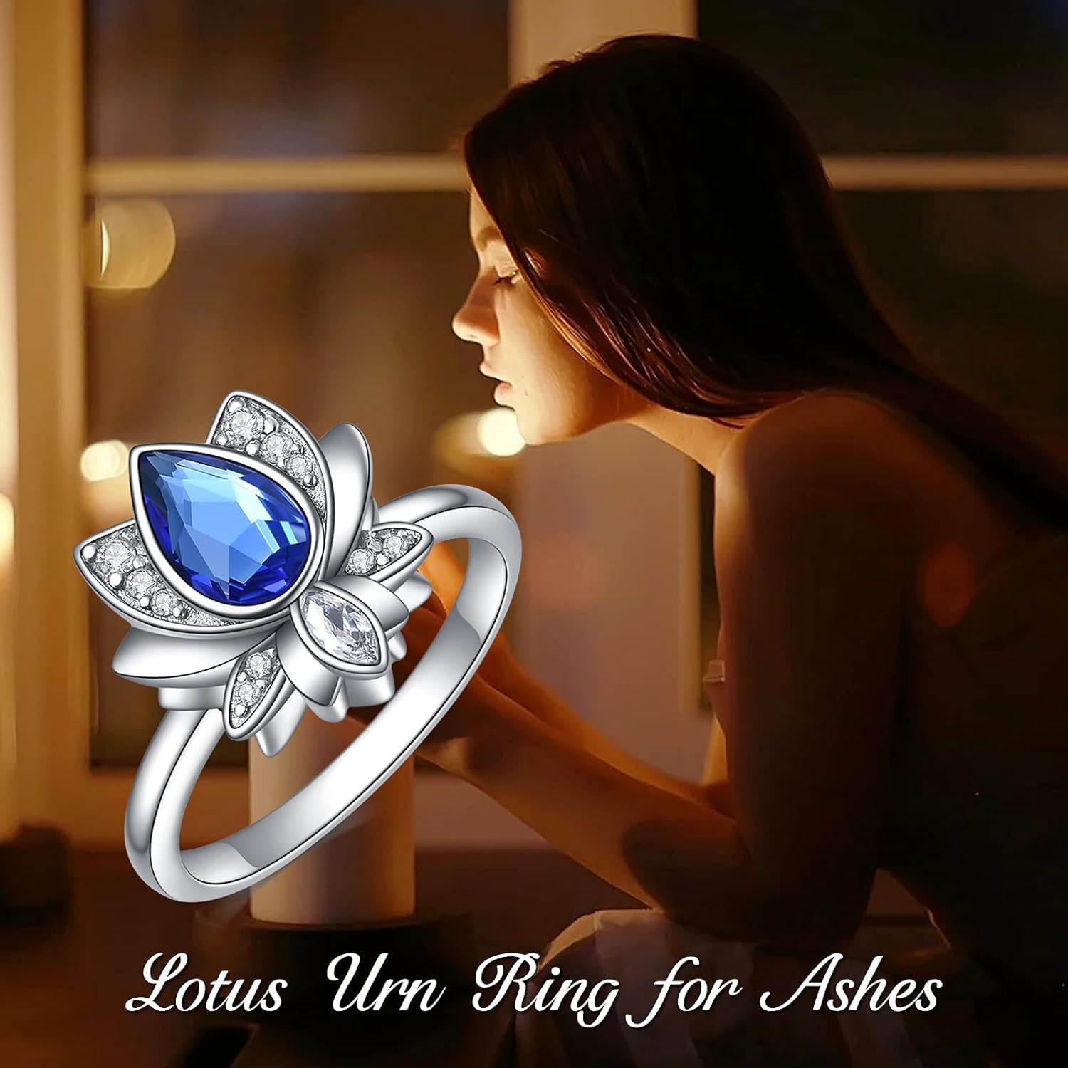 AOBOCO Lotus Urn Ring Jewelry for Ashes for Women Sterling Silver with Sapphire Blue Crystal