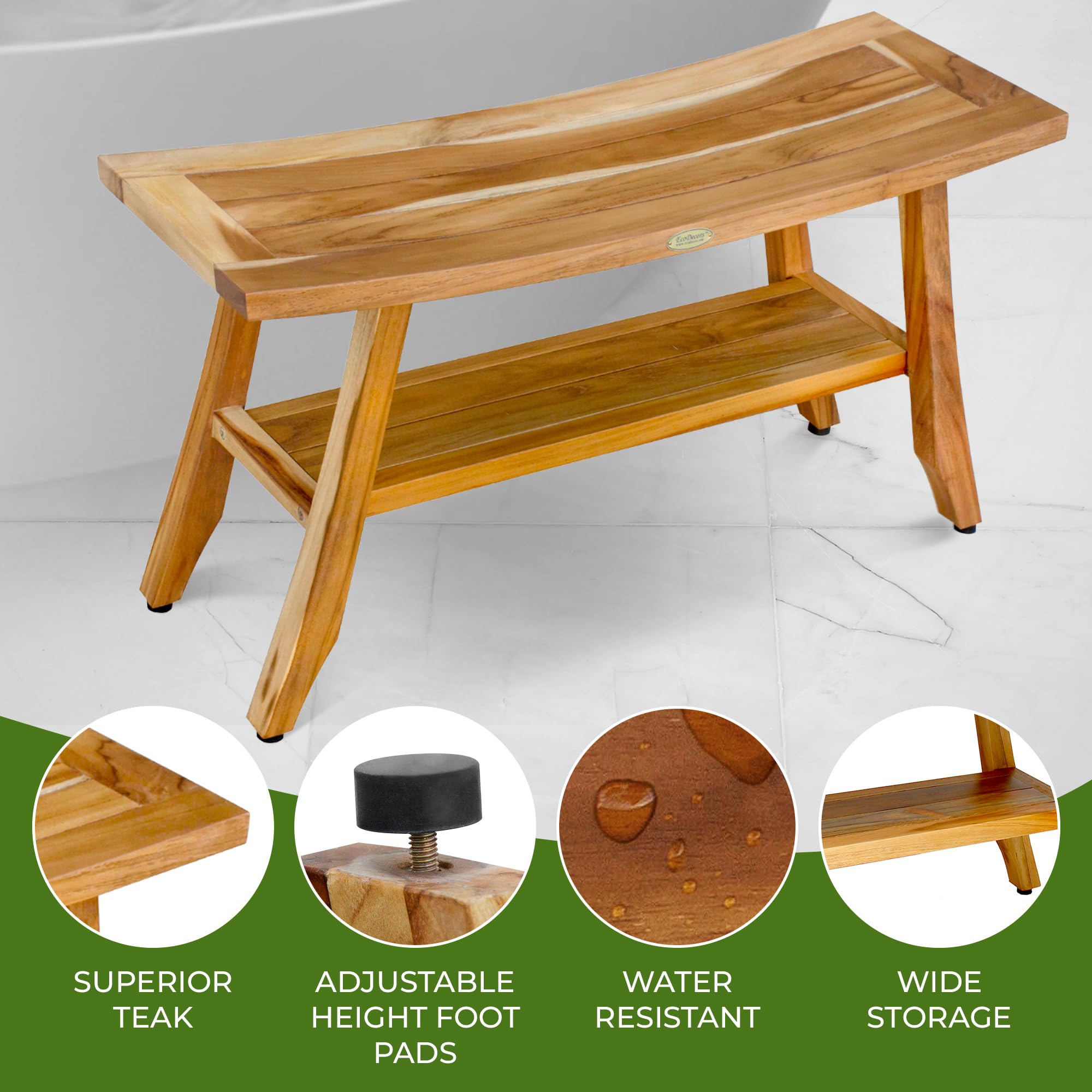 EcoDecors 34 Inch Satori Natural Teak Waterproof Teak Wood Shower Bench Stool Seat Chair For Inside Shower Provides Safety, Storage, and Organization For Bathroom Accessories