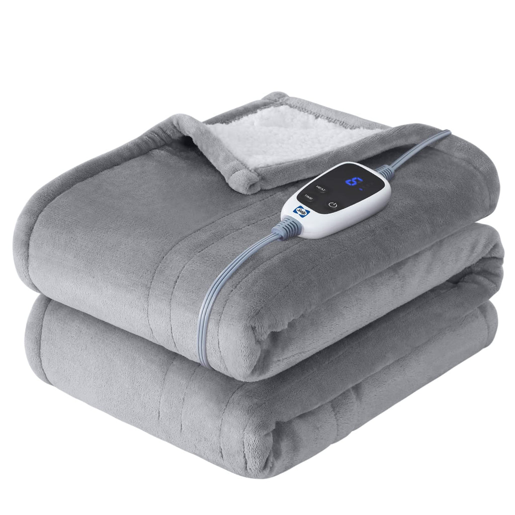 Sealy Electric Blanket Queen Size, Flannel & Sherpa Heated Blanket with 10 Heat Setting & 1-12 Hour Auto Shut Off, Fast Heating Blanket, Machine Washable, Beige, 84 x 90 Inch